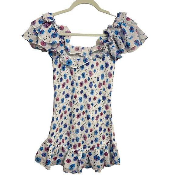 LoveShackFancy Kodie Dress Smocked Flutter Sleeve Blue Printed  L - Picture 4 of 12